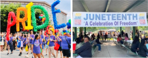 split in half showing Pride parade on left and Juneteenth celebration on right