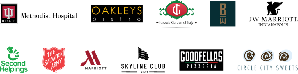 logos of: IU Methodist, Oakleys Bistro, Iozzos Garden Italy, Bottleworks, JW Marriott, Second Helpings, The Salvation Army, The Marriott, Skyline Club Indy, Goodfellas Pizzeria, Circle City Sweets